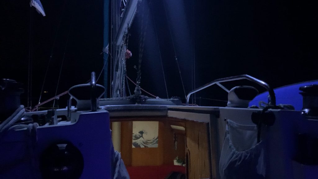 Nighttime on the Narin Thip at anchor in Koh Phangan.